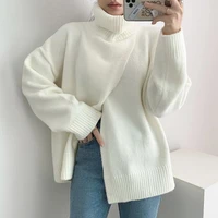 fakuntn turtleneck crossover design temperament gentle women new solid color long sleeve split knitting pullover sweater