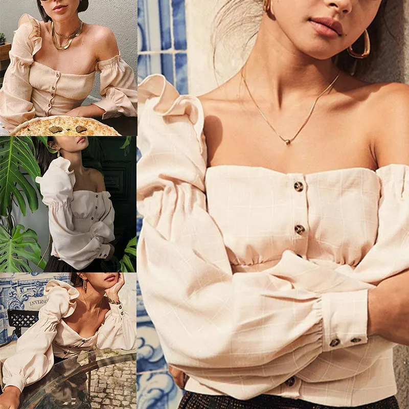 Женская блузка с открытыми плечами и длинным рукавом фонариком укороченный топ