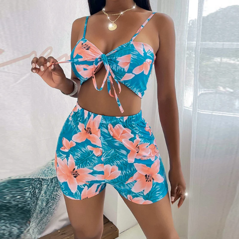 

Women Print High Waist Swimsuit 2021 Sexy Three Pieces Bikini Set Sun Protection Beachwear Conservative Swimwear Bathing Suit XL