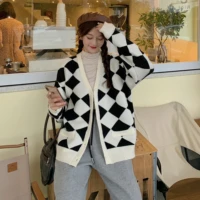 winter 2021 new retro plaid sweater cardigan womens v neck long sleeved ins super fire loose wild sweater coat jacket