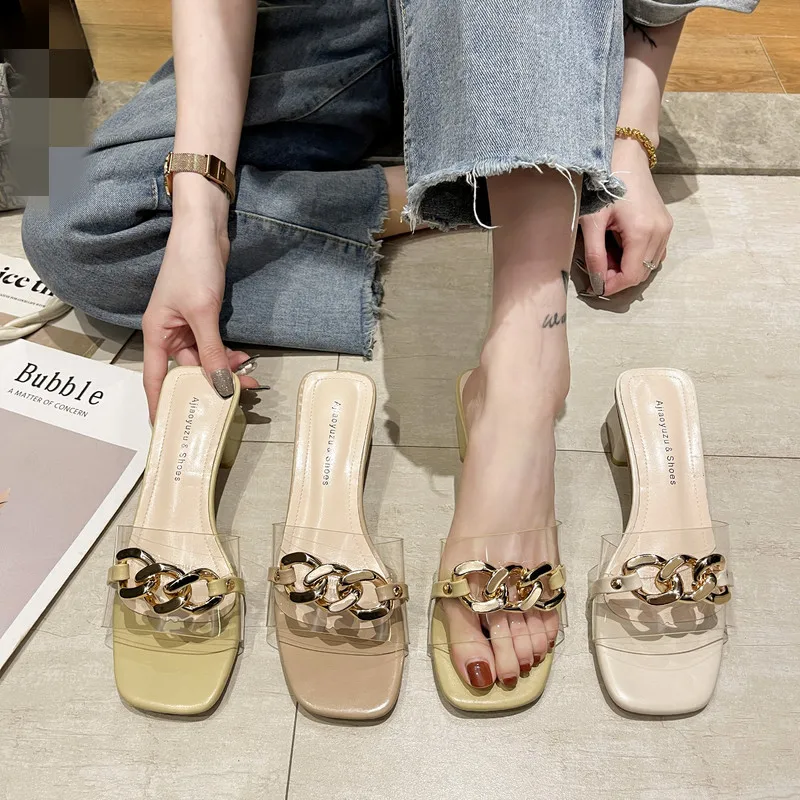 

Shoes Slippers Soft Slides Jelly Flip Flops Square heel Med Fashion Slipers Women Rivet Comfort Summer Glitter Block Luxury
