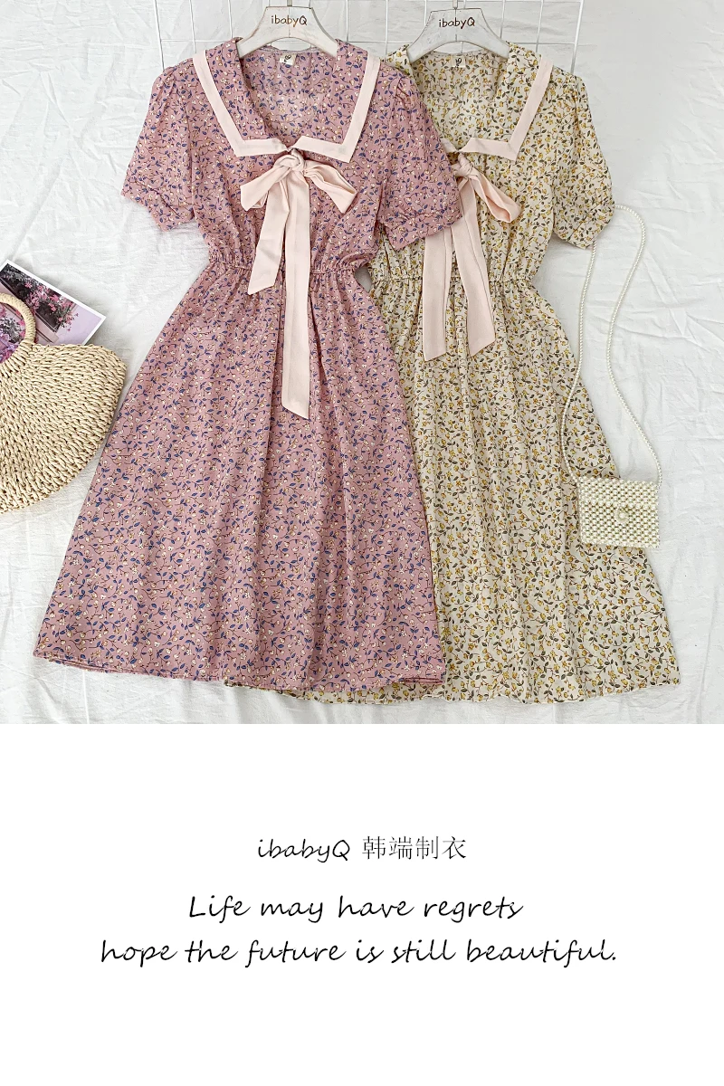 

2021 Summer Dress Women New Sweet and Versatile Lace-up Bow-knot Floral Waist and Thin Short-sleeved Women Clothing