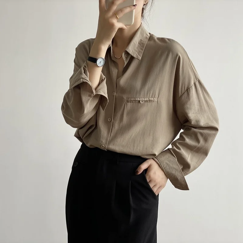 

Solid Color Loose Tops Office Lady Thin Long Sleeve Shirts Elegant Women Blouses High Street Casual Outwears