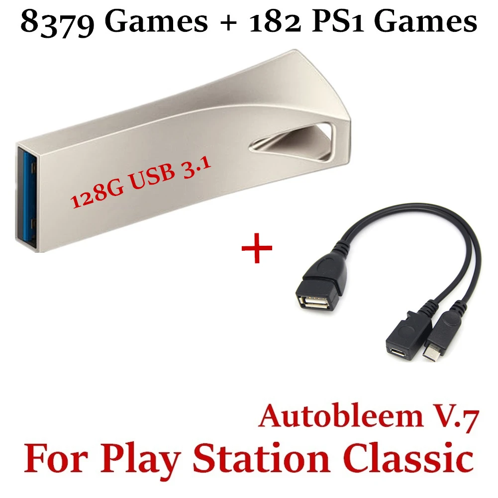 Plug & Play 128 GB Flash Drive U-Disk for PlayStation Classic 8379 Games + 182 PS1 Games 31 System With Micro USB OTG Cable