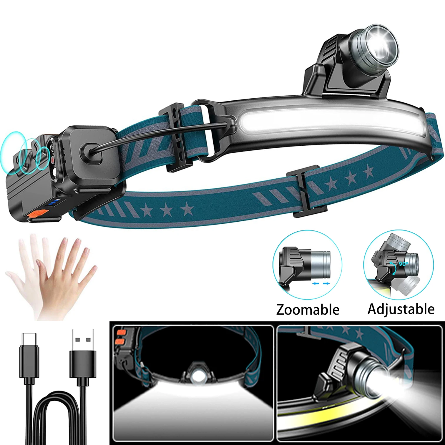 Led Headlamp Motion Sensor XPG+COB Head Lamp USB Rechargebale Flashlight with Built-in 2000mAh Battery for Fishing Running | Освещение