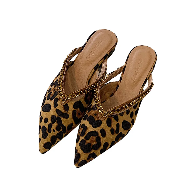 

Women's Slippers Metal Chain Pointed Toe Muller Shoes 2021 Flat Shoes Half Baotou Leopard Print Slides Summer Pure Black Sandals