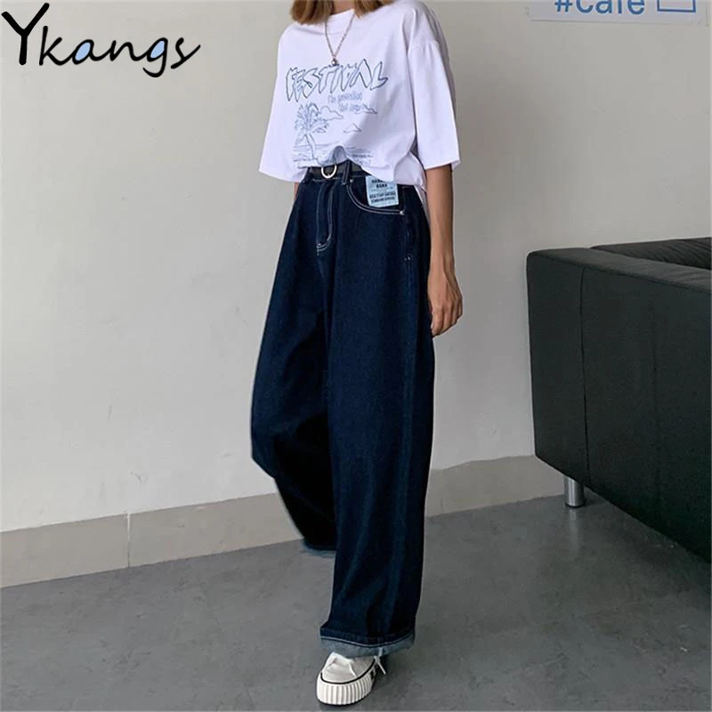 

Plus Size oversized Korean Style Women's Jeans 2020 Autum Simple casual Harajuku All-match high Waist pants Loose Straight Jeans