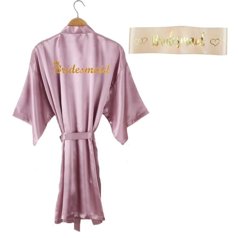1robe 1sash Великолепный халат mauve, комплект из 3 предметов, халат для подружки невесты, атласные женские блестящие тапочки с золотыми буквами, свадебные халаты для невесты - Цвет: 1robe 1sash