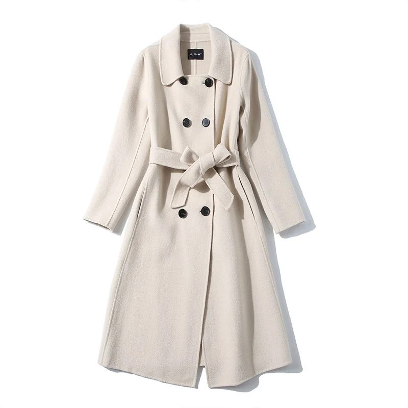 Женское подиумное пальто отложной воротник длинный рукав пояс двойной кашемир
