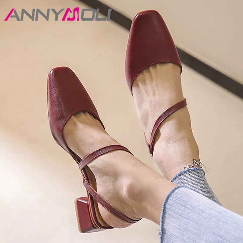 

ANNYMOLI Slingbacks Shoes Woman Natural Genuine Leather Med Heels Thick Heel Female Footwear Square Toe Ladies Pumps Wine Red