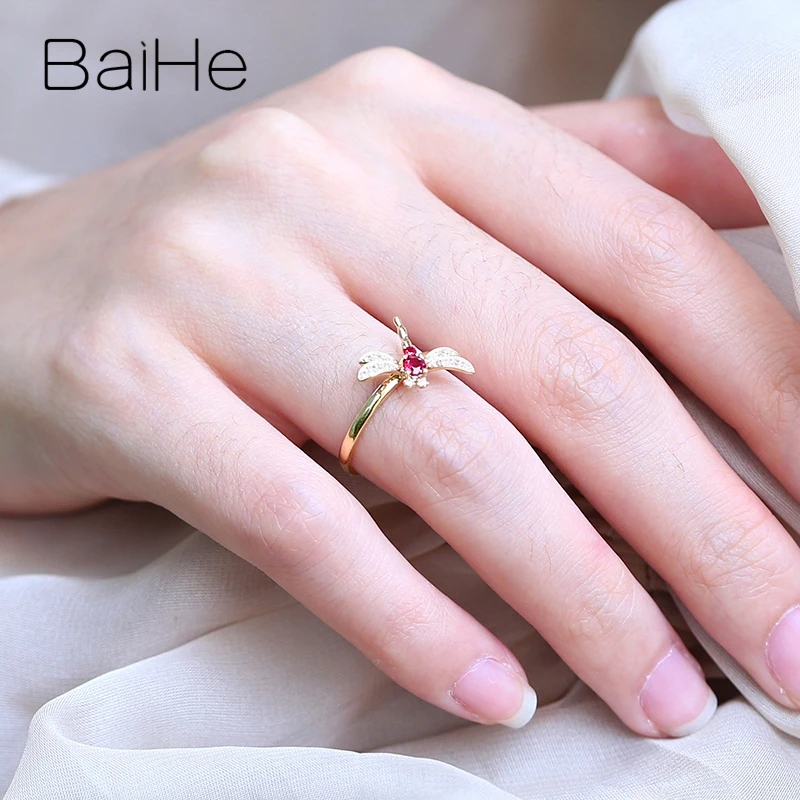 Кольцо BAIHE из желтого золота 14 к с натуральным рубином и Сапфиром И Бриллиантами