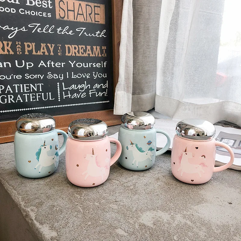 350ml Mirror Cover Sealed Ceramic Mug with Lid Handle Coffee Cup Cute Unicorn Korean Student | Дом и сад