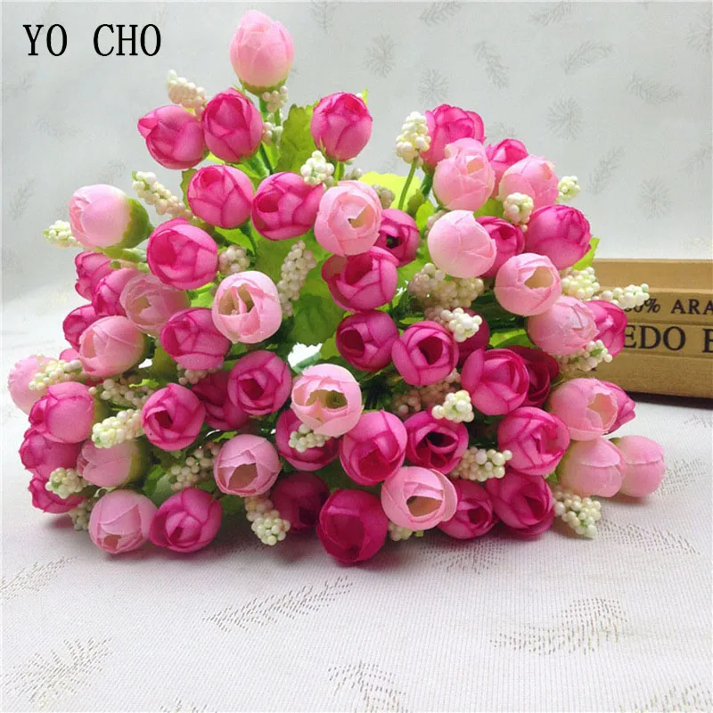 

YO CHO 15 Heads Tea Roses Bouquet Artificial Flower Mini Silk Flowers Autumn Farmhouse Home Decor Fabric Rose Wedding Decoration