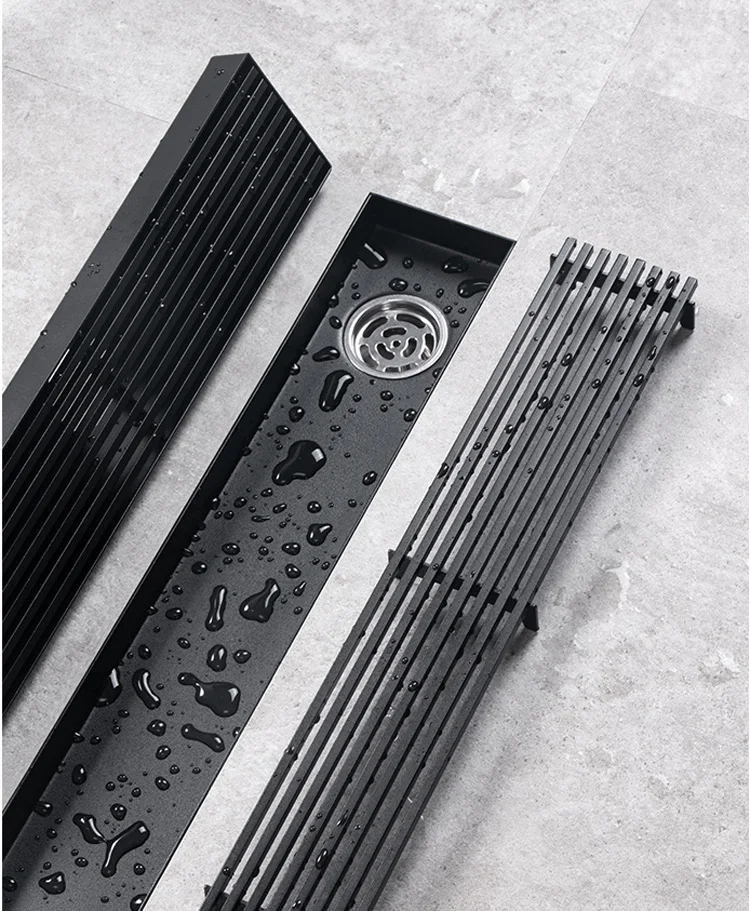 

Black 304 stainless steel strip toilet long floor drain side deodorization shower room drain and rectangle