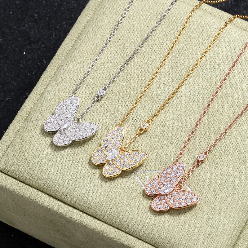 

S925 Sterling Silver Full Diamond Butterfly Necklace Female Pendant Clavicle Chain Ins Fashion Ol Plated 18k Rose Gold