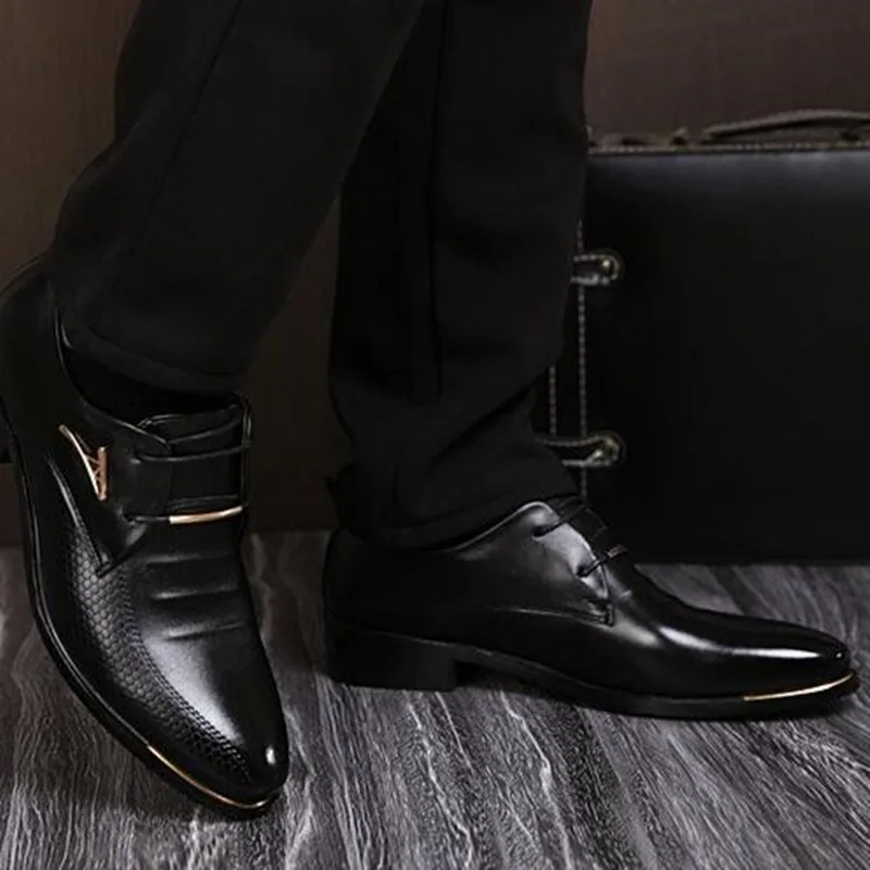 

New Mens Business Shoes Fashion Pointed Toe Lace-Up Men's Dress Casual Shoes Brown Black PU Leather Oxfords Shoes Big Size 38-48