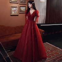 special occasion dress illusion v neck short luxury burgundy a line tulle lace floor length elegant fashion women prom gown e866