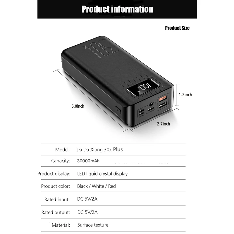 Внешний аккумулятор 30000 мА/ч, внешний аккумулятор, 2 USB, светодиодный, PoverBank, type-c, портативное зарядное устройство для телефона OnePlus Xiaomi