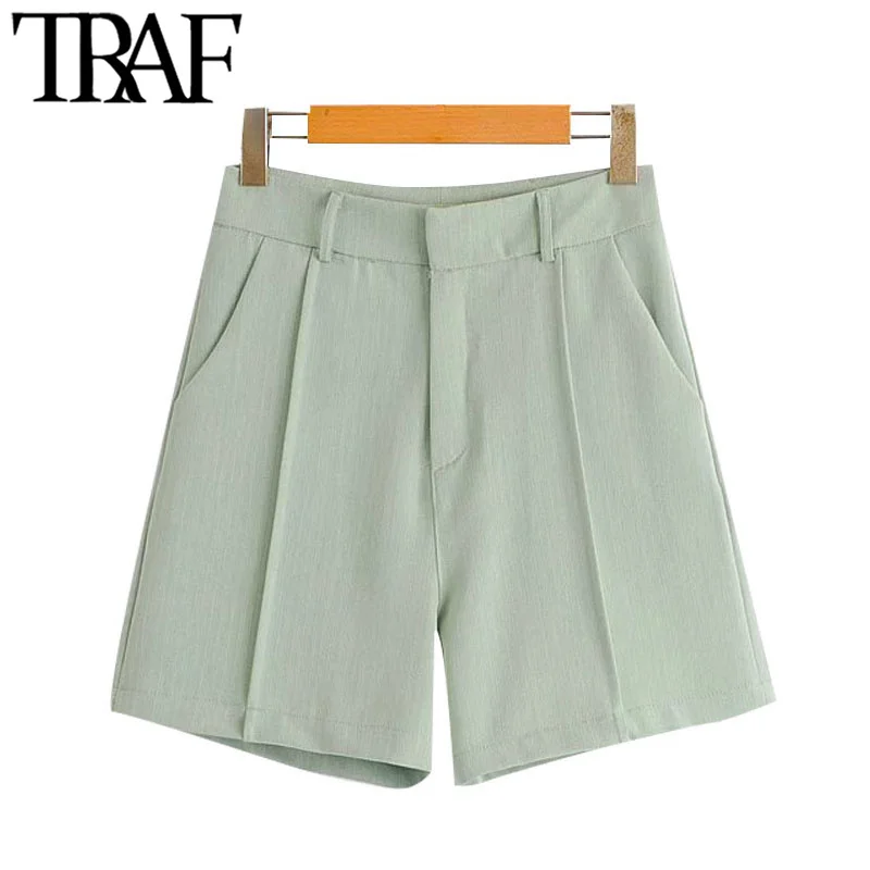 

TRAF Women Chic Fashion Side Pockets Straight Shorts Vintage High Waist Zipper Female Short Pants Pantalones Cortos