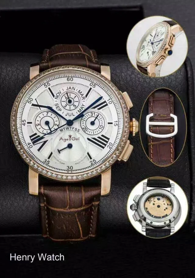 

Luxury Brand New Men Watch Rose Gold Sapphire Automatic Mechanical Dual Time Stainless Steel Rome Blue Leather Diamond Bezel