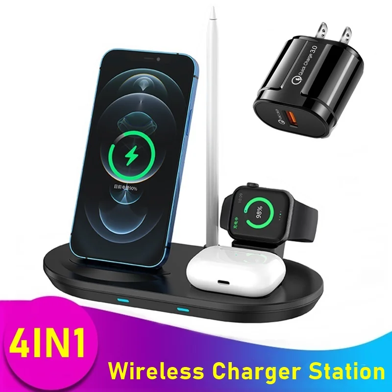

15W Wireless Charger Charging Station for Iphone 13 12 11 Pro Max XS XR 4 IN 1 Fast Cargador Inalambrico For Airpods Apple Watch