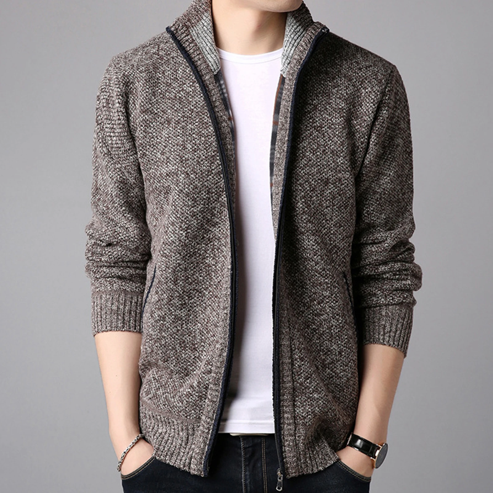 

Men Winter Thick Knitted Sweater Coat Long Sleeve Stand Collar Zipper Jacket