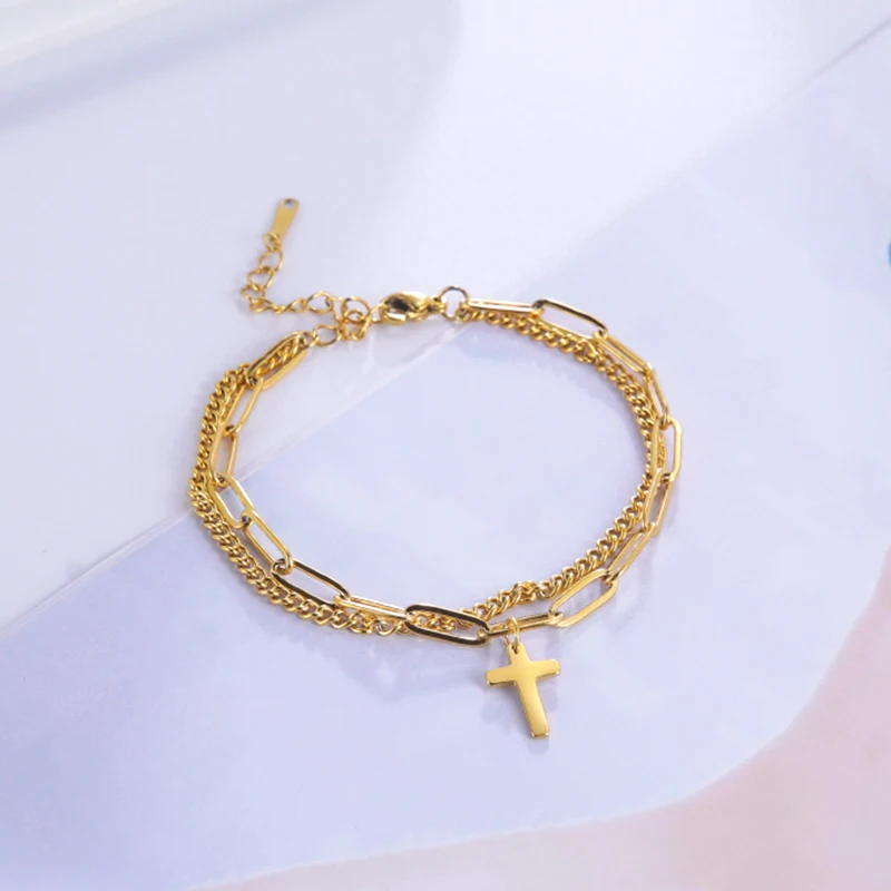 

Skyrim Original Cross Charm Bracelets Double Layers For Women Men Stainless Steel Gold Color Religious Christian Jewelry Gifts