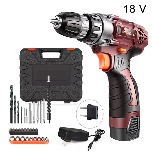 18v-Accessories-red YINLONGDAO Электрическая Дрель аккумуляторная отвертка литиевая батарея Мини дрель аккумуляторная отвертка электроинструменты Аккумуляторная дрель DIY - Цвет: 18v-Accessories-red