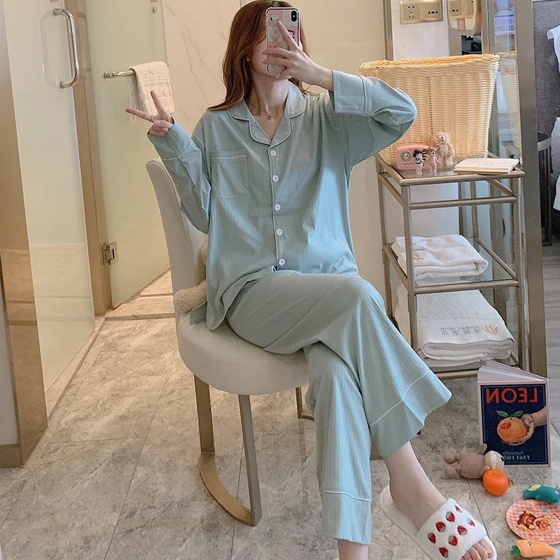 

Simple Pajamas Women's Spring Autumn Korean Style Green Cardigan Long-Sleeve Suit Cotton Student Homewear Summer and Winter