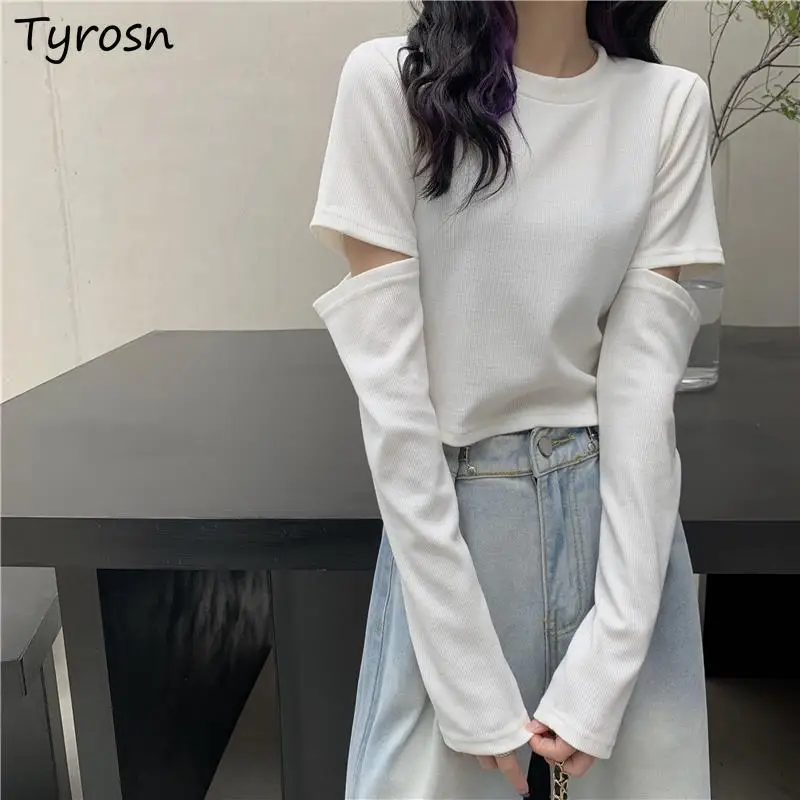 

Long Sleeve T-shirts Women Solid Hollow Out Slim Chic Hipsters Designed Fashionable Crop Tops Irregular Tshirts Simple Leisure