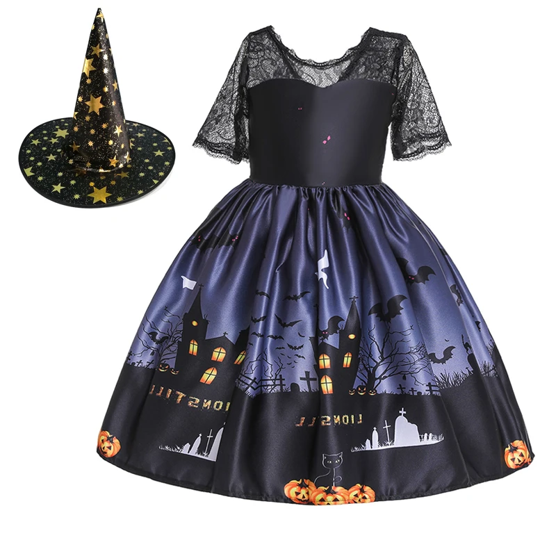 

Cosplay Christmas Princess Children Party Summer Dress with Hat Halloween Vampire Costume Pumpkin Witch Vestidos Girls Clothes