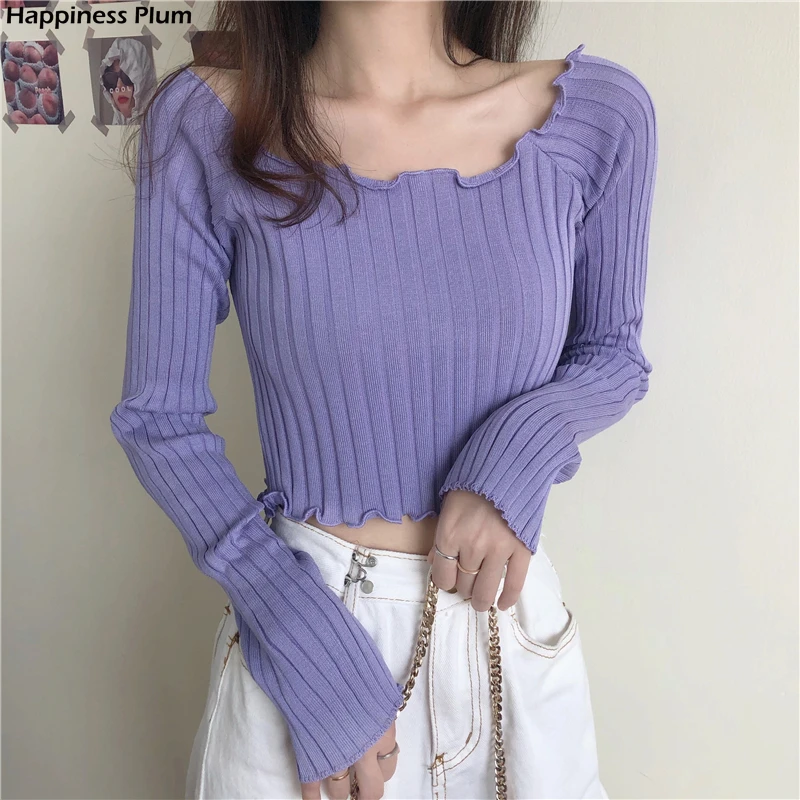 

Spring Autumn Women's Tops Korean Style Solid Color Square Neck Long-sleeved Sweater New Slimming Short Knitted Shirt