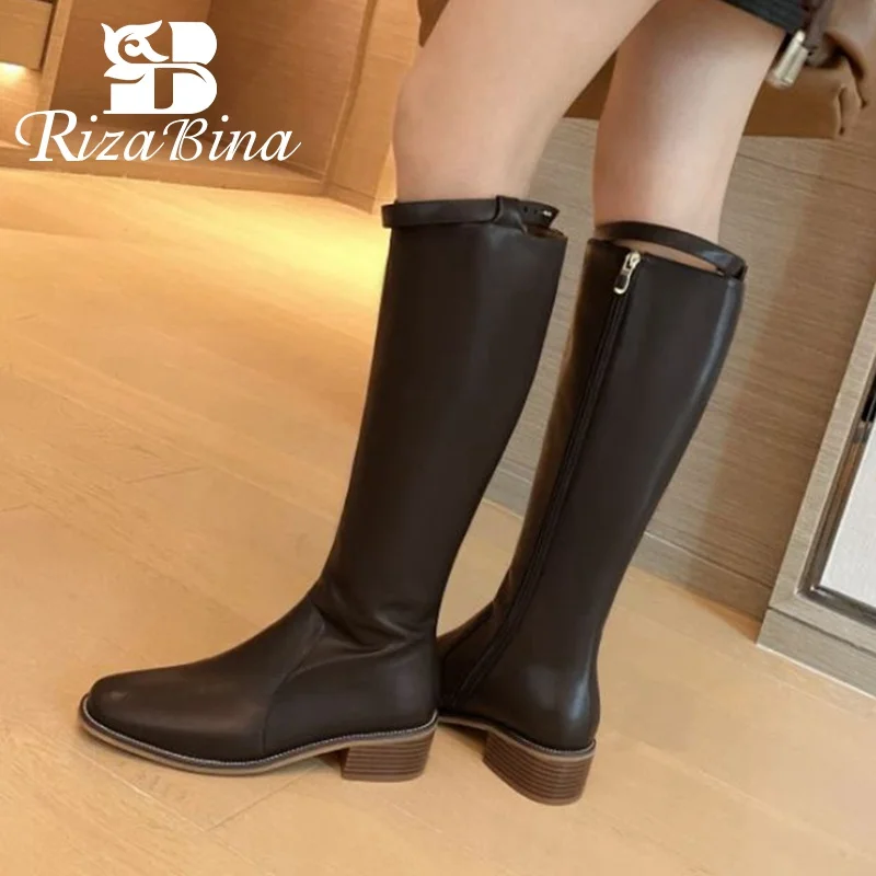 

RIZABINA 2022 Woman'S Knee High Boots Real Leather Square Heel Long Boots Women Fashion Daily Winter Shoes Footwear Size 34-40