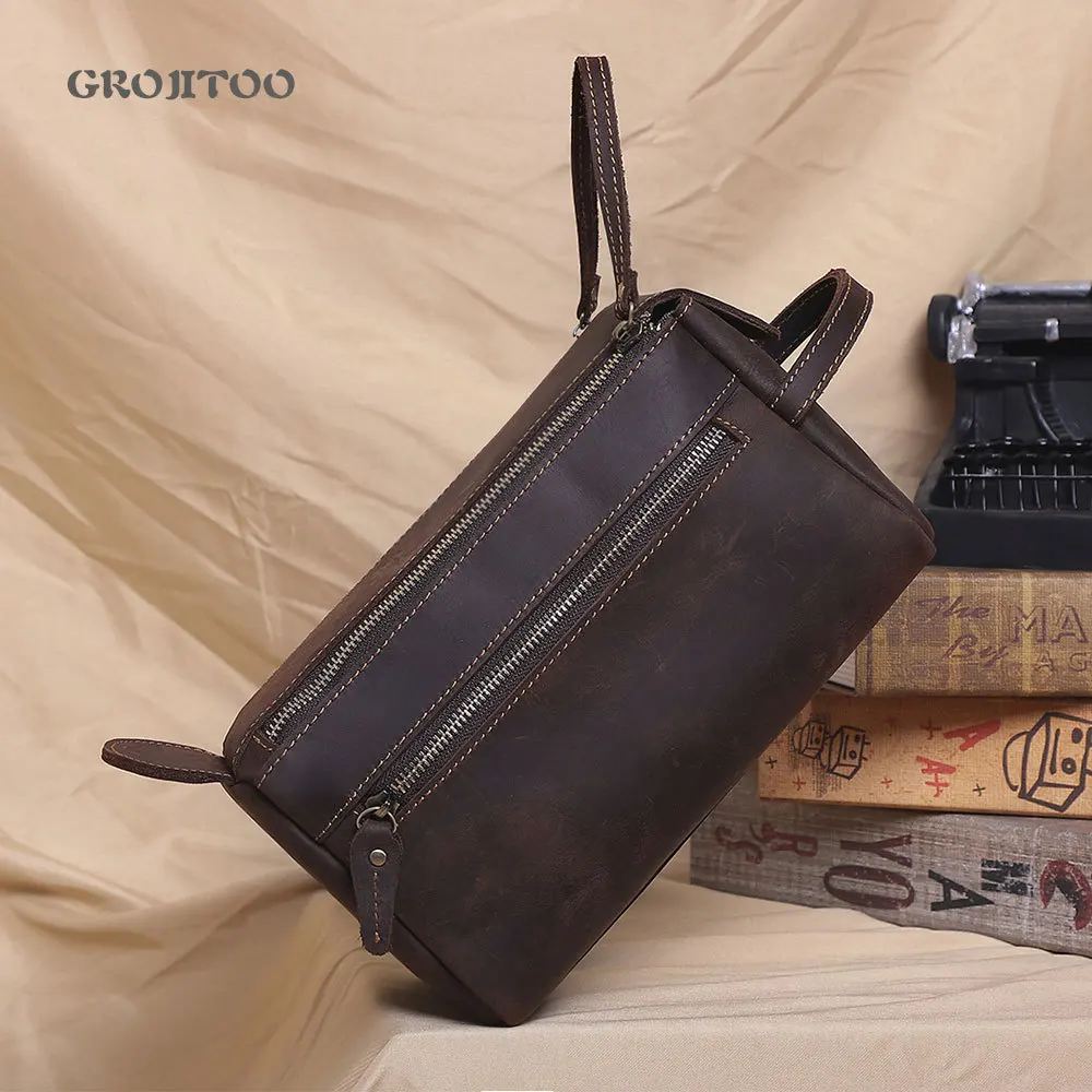 GROJITOO Genuine Leather Wash Bag Crazy Horse Leather Travel Handbag Men's Storage Bag