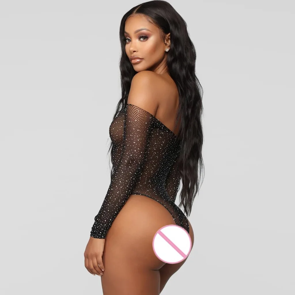 Women Black Lace Fishnet Erotic Clothes Fetish Bodysuit For Sex Rhinestone Lingerie Off- Shouder Jumpsuit | Тематическая одежда и
