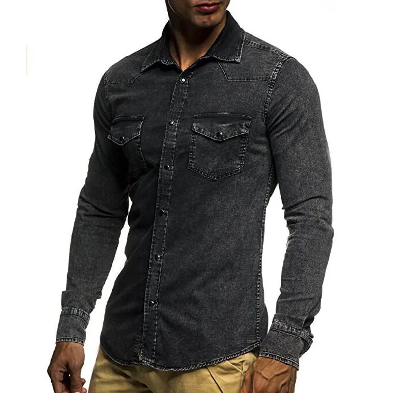 Мужская джинсовая рубашка с длинным рукавом двойным карманом |