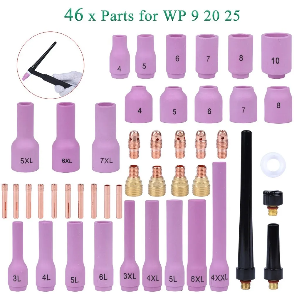 46pc TIG Welding Torch Stubby Gas Lens For WP9 WP20 Back Cap Collet Bodies Weldcraft WP-9 WP-20 WP-25 Torches