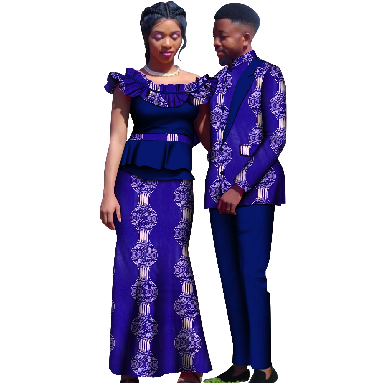 

African Clothes for Couple Bazin Riche Ankara Fashion Dashiki Dress and Men's Suit Floral Print Maxi Long Dress and Jacket KG967