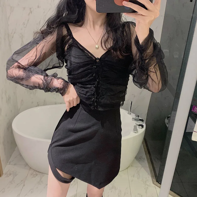 Новинка сетчатая короткая блузка с пышным Длинным Рукавом Hi Girl + ассиметричная