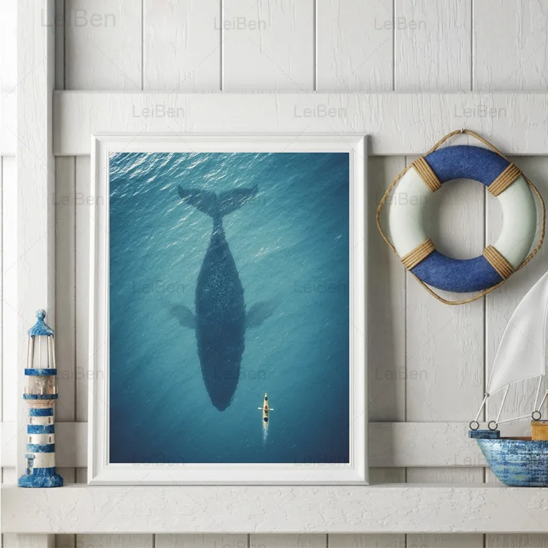 Скандинавский человек плавает на большой акуле холст живопись Художественная