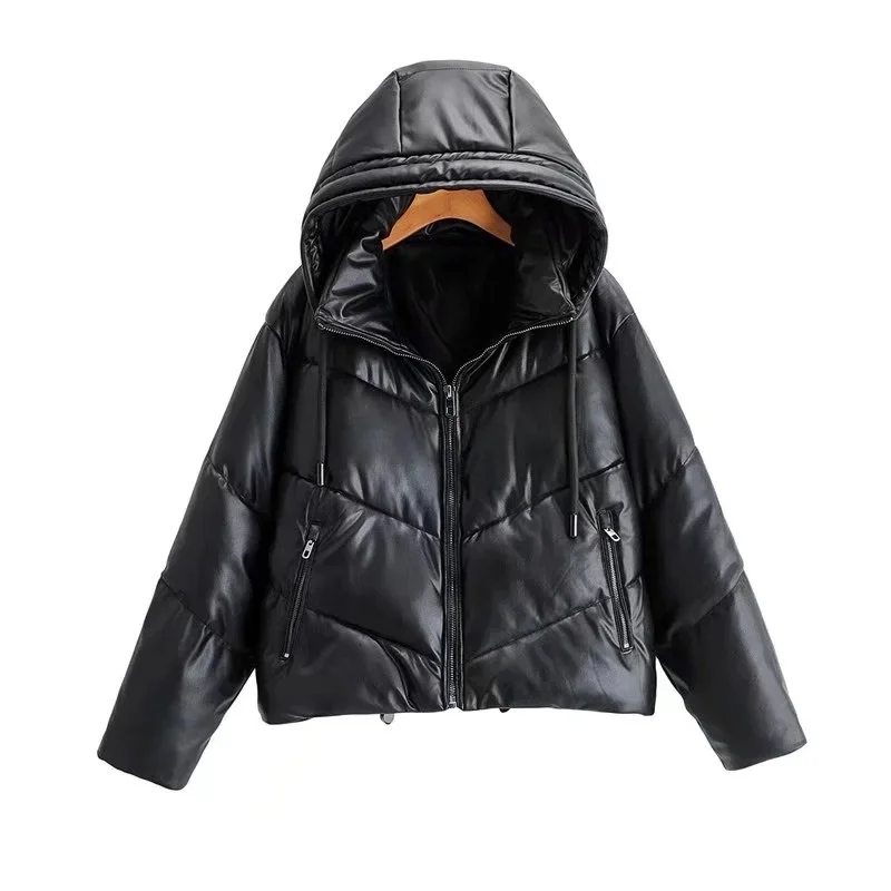 

Ladies Cotton Jacket Slim Thicken Warm Leather Parka Coat New Style Hooded Zipper Pocket For Autumn And Winter 2021