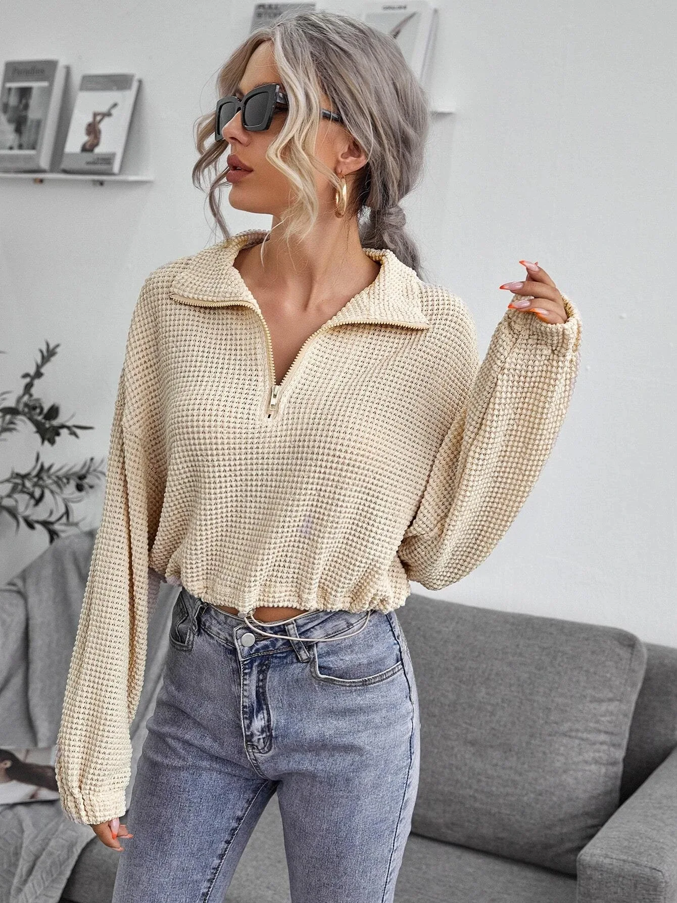 

Женский пуловер на молнии, ажурный топ с длинным рукавом, Осень-зима 2021