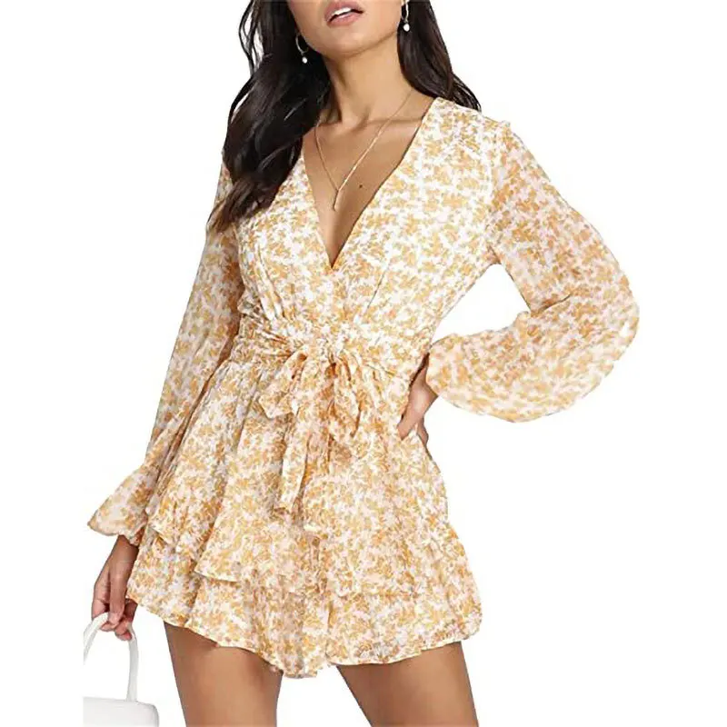 

Women Summer Blue Dreamy Jumpsuit Long Semi-sheer Sleeves Cute Ruffle Striped Floral Print Romper Playsuit Sweet Outfits