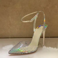 luxury clear pvc iridescent high heel pumps ankle strap glittering crystal stiletto heels wedding shoes pointed toe popular pump