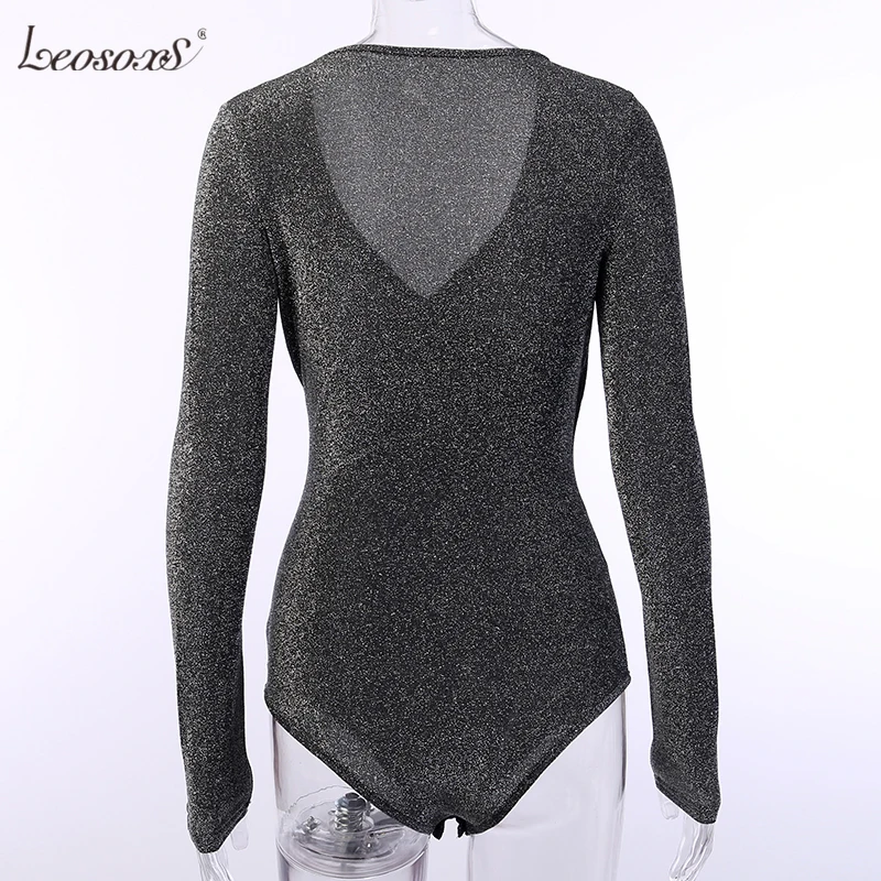 

Mint Green Deep V Neck Bling Bodysuits Women Elastic Sexy Silver Long Sleeve Tops Fashion Female Autumn Winter Playsuit