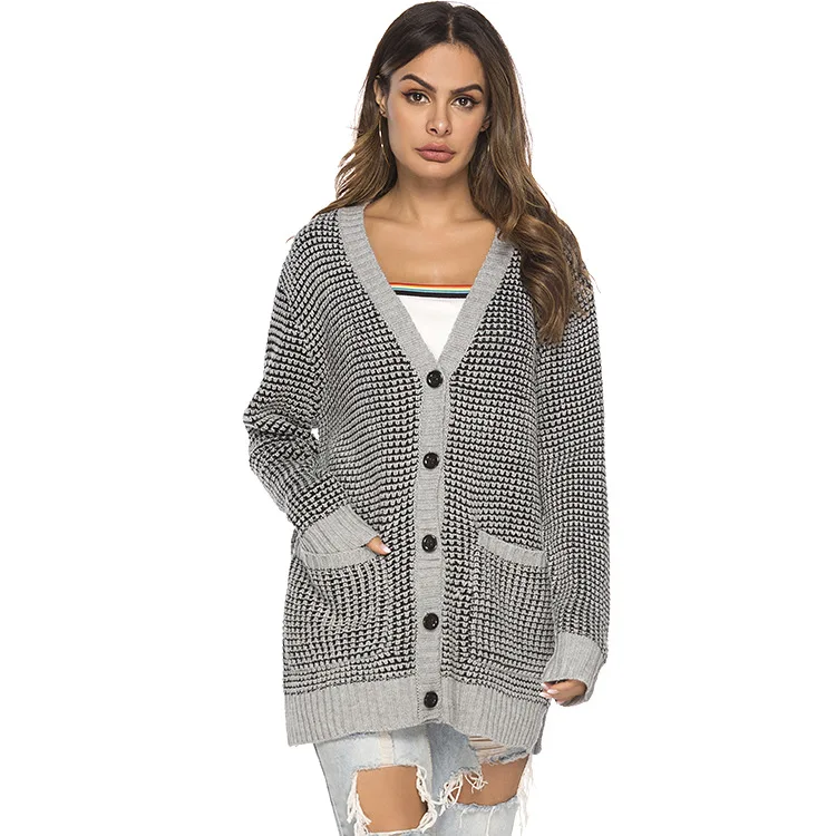 

European and American Women's V-neck Knitted Cardigan Autumn and Winter Loose Sweater Women's Coat