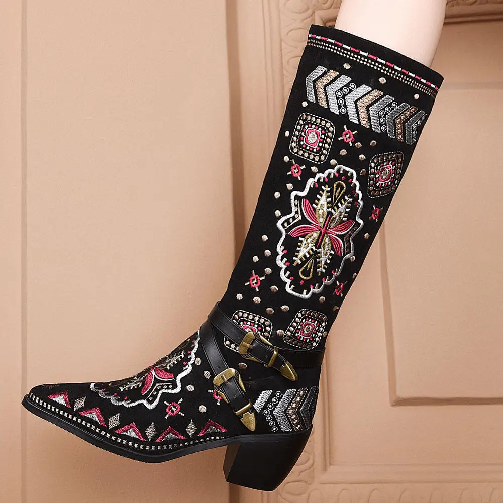 

Sarairis New Fashion 2020 National Style Embroidered Boots Woman Shoes Buckle Decoration Chunky High Heels Vintage Boots Ladies