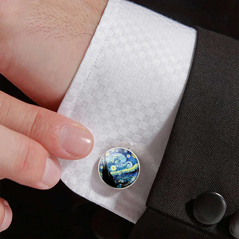 

Personality Van Gogh Oil Painting Glass Alloy Cufflinks Starry Night Sunflower Suit Cuff Links Men Shirt Accessories Gift