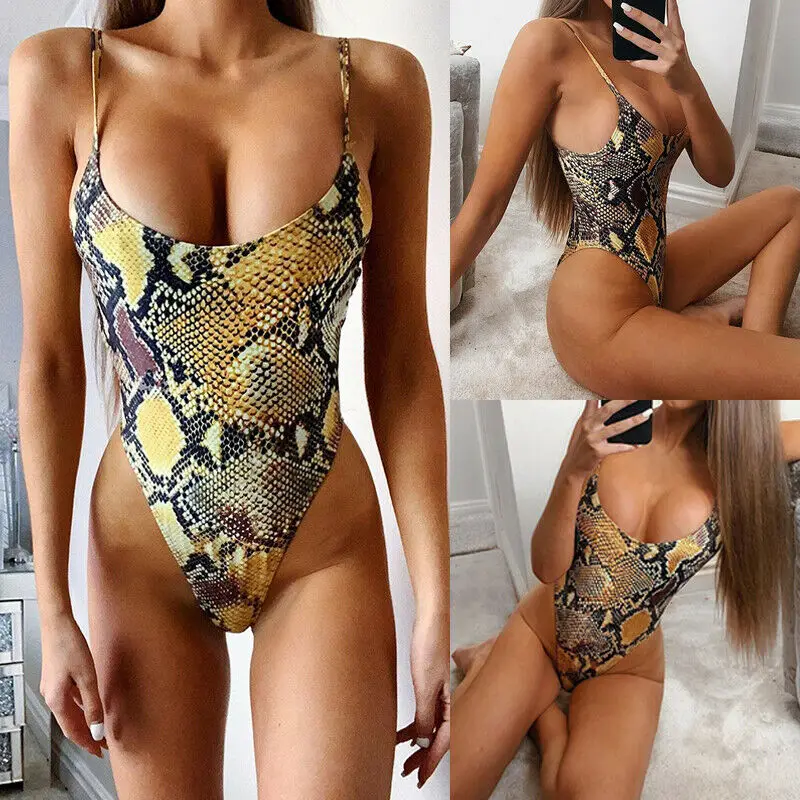 New Women One Piece Bikini Fashion Snakeskin Print Push Up Padded Swimsuit Backless Swimwear Summer High Waist Beachwear Hot |