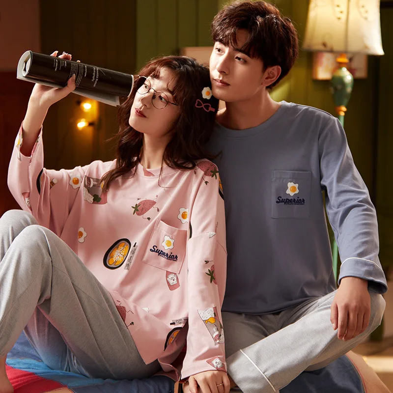 

Couple Pajama Sets Long Sleeve Winter Cotton Sleepwear Pajamas Men Comfort Pajamas Suit Cute Pink Cartoon Women Homewear